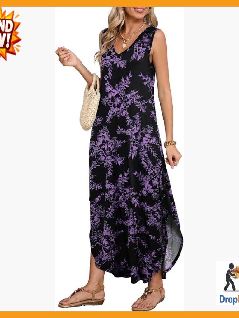 Plus Size Maxi Dress Sleeveless V Neck Loose Fit Beach Coverup Summer Casual